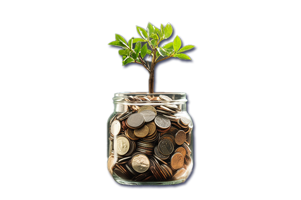 jar of coins with a tree growing out of it